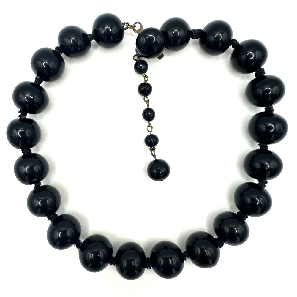 Japan vintage black large heavy glass beads beaded 15" choker necklace